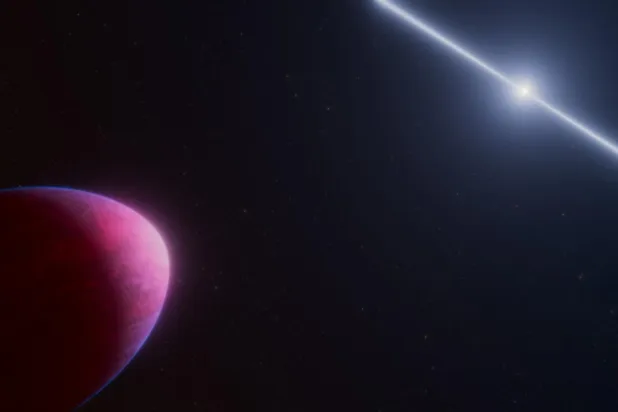 PSR J2322-2650b (solda), pulsarıyla (sağda) kütleçekim kilidi içinde olduğu için hep aynı tarafı pulsara bakıyor (NASA)