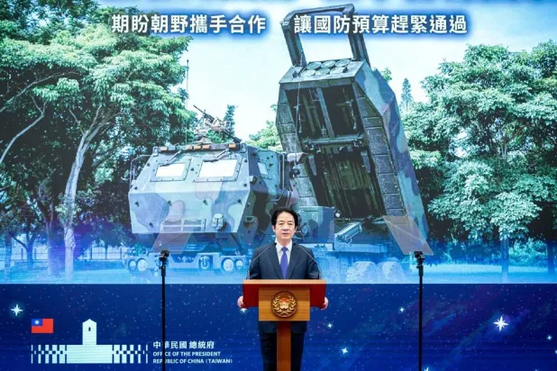 This handout photo taken and released by the Taiwan Presidential Office on January 1, 2026 shows Taiwanese President Lai Ching-te delivering a New Year’s Day speech at the presidential hall in Taipei. (Handout / Taiwan Presidential Office / AFP) 
