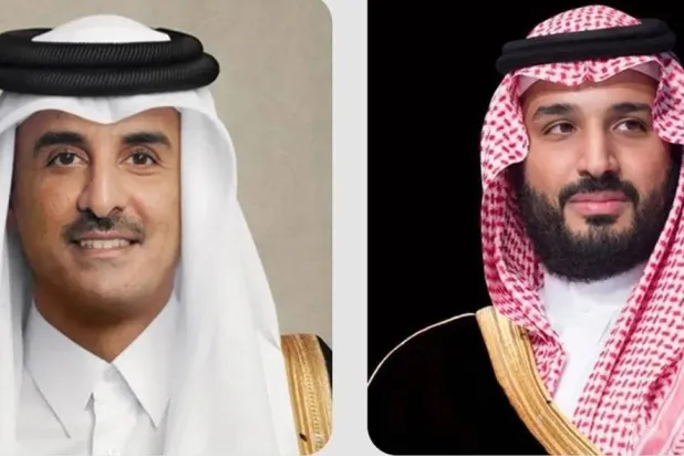 Combined photo of Prince Mohammed bin Salman bin Abdulaziz Al Saud, Crown Prince and Prime Minister of Saudi Arabia on the right, and Emir of Qatar Sheikh Tamim bin Hamad Al Thani to the left. (SPA)