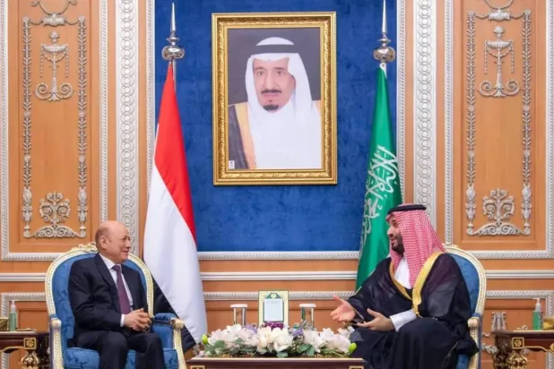 Saudi Crown Prince Mohammed bin Salman meets with al-Alimi in 2023. SPA file photo