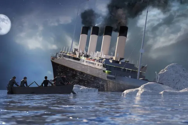 Titanic ocean liner after it struck an iceberg in 1912 off the coast of Newfoundland in the Atlantic Ocean (Shutterstock/3d illustration)