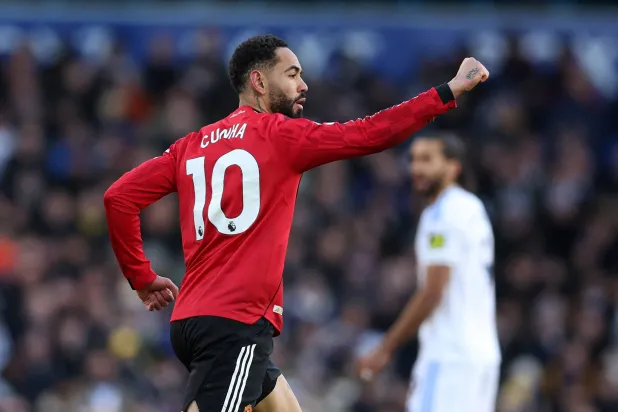  Football - Premier League - Leeds United v Manchester United - Elland Road, Leeds, Britain - January 4, 2026 Manchester United's Matheus Cunha celebrates scoring their first goal. (Reuters)
