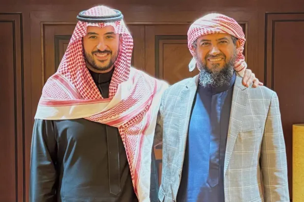 Saudi Defense Minister Prince Khalid bin Salman and deputy head of the PLC Abdulrahman Abou Zaraa meet in Riyadh on Monday. (Abou Zaraa on X)