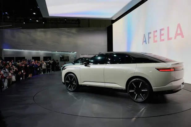 The Afeela Prototype 2026 displayed during a Sony Honda Mobility news conference ahead of the CES tech show, Monday, Jan. 5, 2026, in Las Vegas. (AP)
