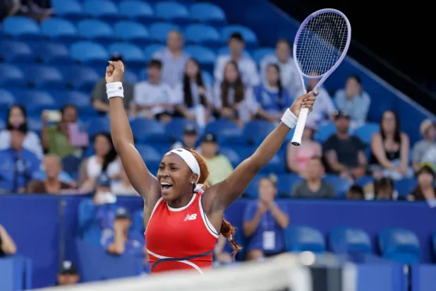 Coco Gauff of the USA celebrates after winning in the quarter-final mixed doubles match against Maria Sakkari and Stefanos Tsitsipas of Greece at the United Cup tennis tournament at the RAC Arena in Perth, Australia, 07 January 2026. (EPA)