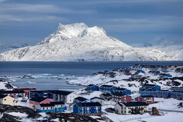 Sermitsiaq mountain (Saddle mountain), a 1,210-meter tall landmark is seen behind Nuuk, Greenland, on March 10, 2025. (AFP)