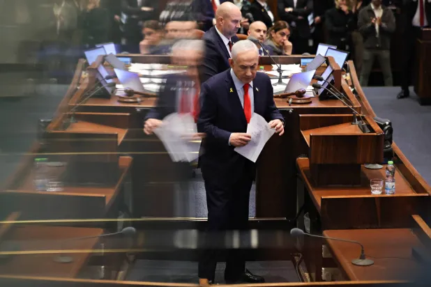 Israeli Prime Minister Benjamin Netanyahu (C) attends a debate initiated by the opposition as part of a plenary session in the Knesset, the Israeli parliament, in Jerusalem, 05 January 2026. (EPA)