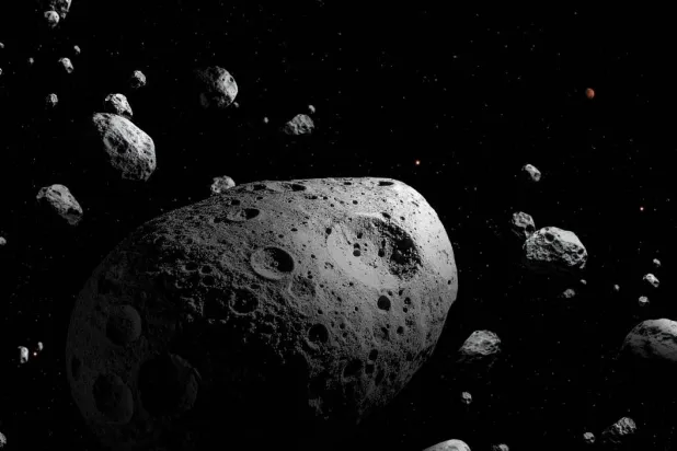 رسم توضيحي للكوكب المُكتشف داخل الحزام الرئيسي للكويكبات مع ظهور الشمس والمشتري في الخلفية (مرصد فيرا روبن)