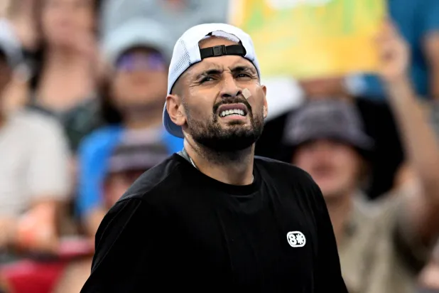 Tennis - Brisbane International Tennis Tournament - Queensland Tennis Center, Brisbane, Australia - January 6, 2026 Australia's Nick Kyrgios reacts during his round of 32 match against Aleksandar Kovacevic of the US. (Darren England/AAP Image via Reuters)