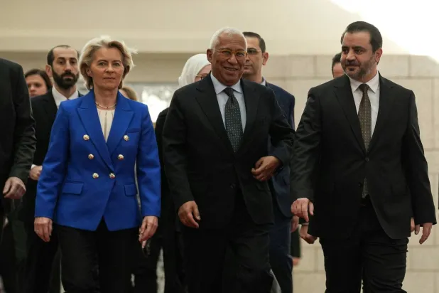 Syrian Minister of Foreign Affairs and Expatriates Asaad Al-Shaibani (R) receives European Council President Antonio Costa (C) and European Commission President Ursula von der Leyen, during an official visit to the People's Palace in the Syrian capital Damascus on January 9, 2026. (AFP)