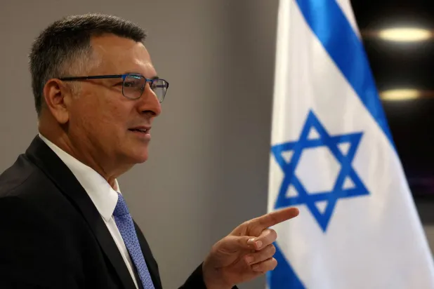 Israeli Foreign Minister Gideon Saar speaks during a meeting with Hungary's Foreign Minister Peter Szijjarto (not pictured), in Budapest, Hungary, October 27, 2025. (Reuters)