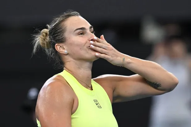 Aryna Sabalenka of Belarus celebrates winning her match against Sorana Cirstea of Romania during day five of the Brisbane International tennis tournament at Pat Rafter Arena in Brisbane, Australia, 08 January 2026. (EPA)