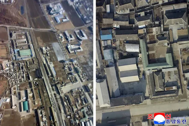 These images taken on January 4, 2026 and released as a combo image by North Korea's official Korean Central News Agency (KCNA) via KNS on January 10, 2026 shows an aerial view of Kaesong city, which North Korea claims is footage taken retrieved from a drone from South Korea that violated North Korean airspace and brought down by specialized electronic warfare assets. (Photo by KCNA VIA KNS / AFP)