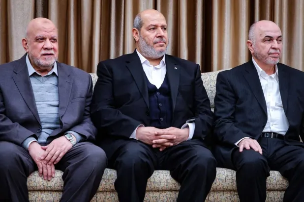 (From left) Nizar Awadallah, Khalil al-Hayya and Mohammad Ismail Darwish during a meeting with Iran’s Supreme Leader Ali Khamenei last February 2025. (Khamenei's website/AFP)