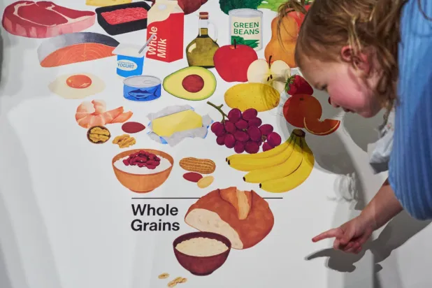 طفلة تقف أمام صورة للهرم الغذائي الجديد في واشنطن (أ.ب)