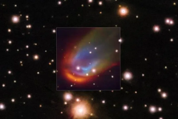 The central square image, taken with the MUSE instrument on ESO's Very Large Telescope, shows shock waves around the dead star RXJ0528+2838. (European Southern Observatory (ESO)/K. Ilkiewicz and S. Scaringi et al./Handout via Reuters) 