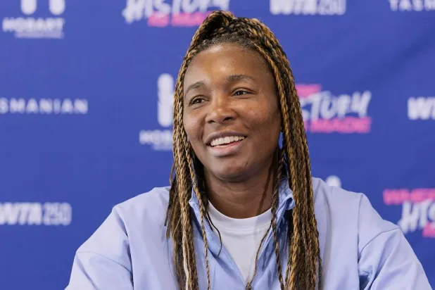 Venus Williams of the United States reacts during a press conference following her match against Tatjana Maria of Germany at the Hobart International tennis tournament in Hobart, Australia, Tuesday, Jan. 13, 2026. (Chris Kidd/AAP Image via AP)
