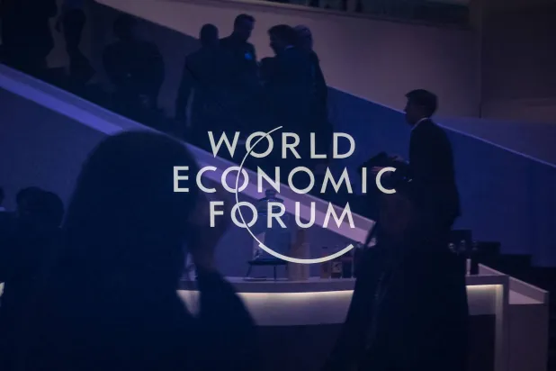 This photograph shows a sign of the World Economic Forum (WEF) at the Congress center, during the WEF annual meeting in Davos on January 20, 2025. (AFP)
