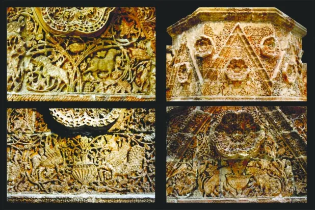 تفاصيل من واجهة قصر المَشتى المحفوظة في متحف الفن الإسلامي ببرلين 