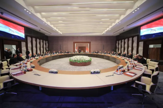 A handout photo made available by Egyptian State Press Office shows Egyptian authorities holding talks with a Hamas delegation and representatives of various Palestinian factions, in Cairo, Egypt, 14 January 2026, to select a technical committee for Gaza. (EPA/Egyptian State Press Office)