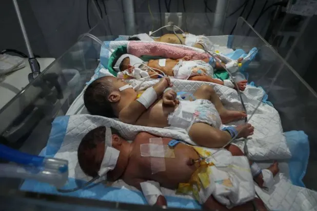 Gazze şehrindeki yakıt krizi nedeniyle el-Ehli Hastanesi'nde yeni doğmuş Filistinli bebekler tek bir kuvözde tutuluyor (Reuters)