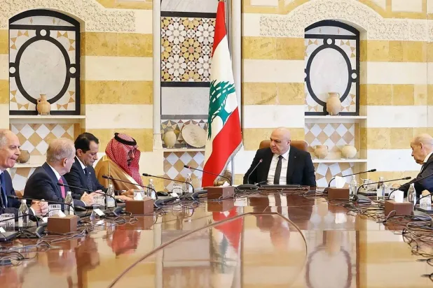 Lebanese President Joseph Aoun chairs a meeting with representatives of the “Quintet” at the Presidential Palace in Beirut (AFP). 