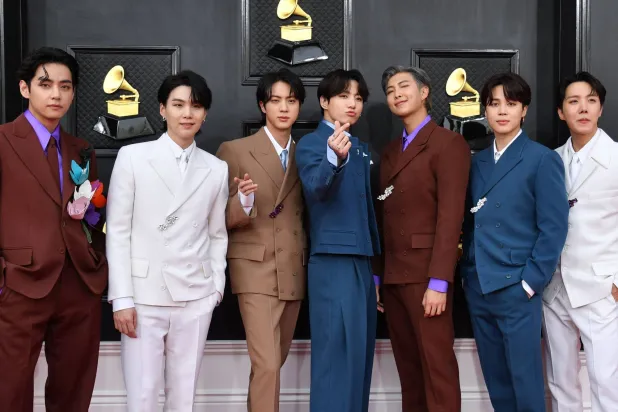 South Korean boy band BTS arrives for the 64th Annual Grammy Awards at the MGM Grand Garden Arena in Las Vegas on April 3, 2022. (AFP)