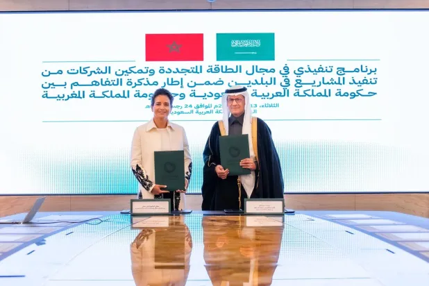 الأمير عبد العزيز بن سلمان والدكتورة ليلى بنعلي عقب توقيعهما البرنامج التنفيذي (وزارة الطاقة السعودية)