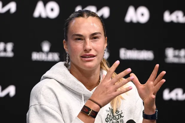 This handout picture released by Tennis Australia on January 16, 2026, shows Aryna Sabalenka of Belarus speaking at a press conference ahead of the 2026 Australian Open. (Photo by Vince Caligiuri / TENNIS AUSTRALIA / AFP)