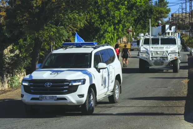 A convoy from the Spanish contingent of the United Nations Interim Force in Lebanon (UNIFIL) passes through the town of Qlayaa in southern Lebanon, October 12, 2024. dpa