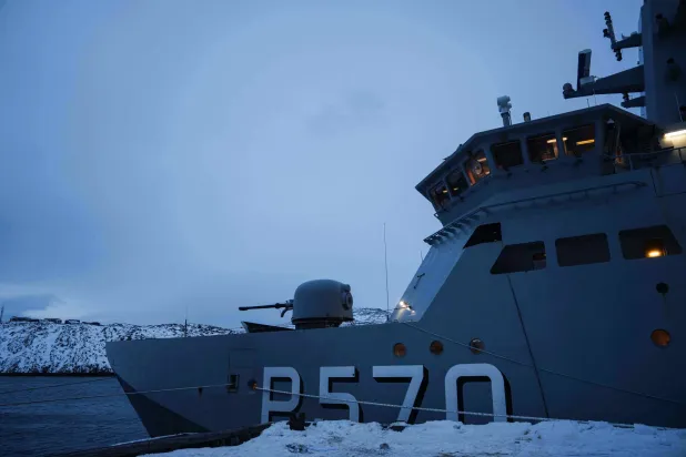 A military vessel HDMS Knud Rasmussen of the Royal Danish Navy docked in Nuuk, Greenland, on Saturday, Jan. 17, 2026. (AP Photo/Evgeniy Maloletka)