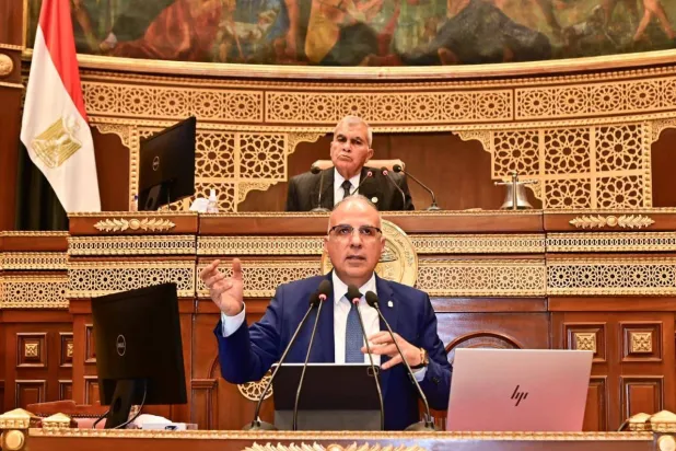 وزير الري المصري هاني سويلم خلال كلمته أمام مجلس الشيوخ يوم الأحد (وزارة الري المصرية)
