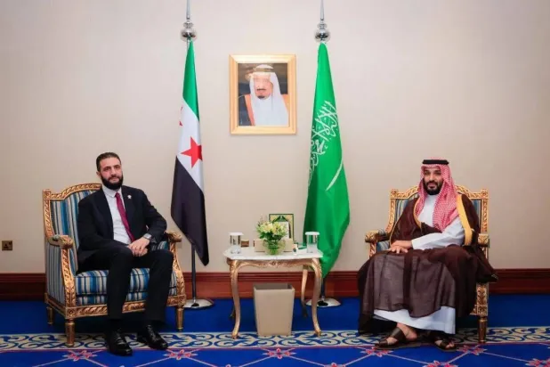 Prince Mohammed bin Salman bin Abdulaziz Al Saud, Saudi Crown Prince and Prime Minister, meets with Syrian President Ahmed al-Sharaa in Doha on September 15, 2025. (SPA) 