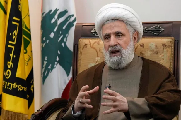 Hezbollah's then deputy leader Sheikh Naim Qassem speaks during an interview with The Associated Press in Beirut's southern suburbs, Lebanon, July 2, 2024. (AP)