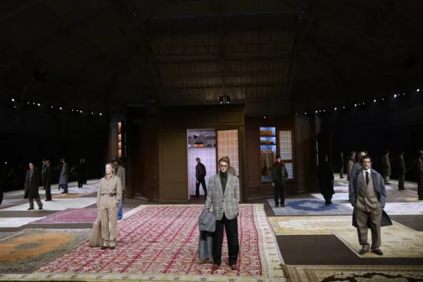 Models wear creations as part of the Ermenegildo Zegna Fall/Winter 2026-2027 Men's collection presented in Milan, Italy, Friday, Jan. 16, 2026. (AP Photo/Antonio Calanni)