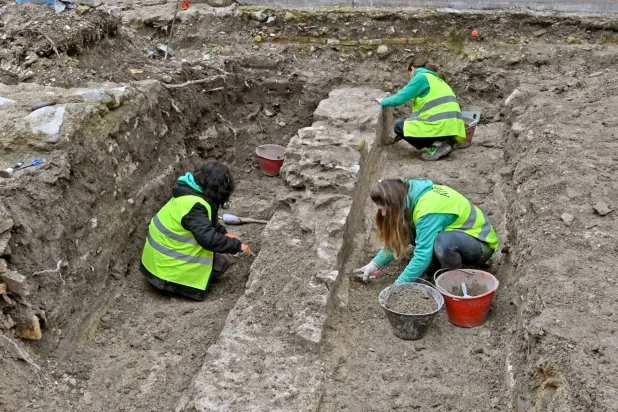 A handout photo made available by Regione Marche press office shows the excavations in Piazza Andrea Costa from which large columns emerge, remains believed of the Basilica of Vitruvius, in Fano, Italy, 19 January 2026. (EPA/Regione Marche press office)
