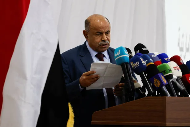 Hadramout Governor and a member of the Yemeni Presidential Leadership Council, Salem al-Khanbashi gives a media briefing in the port city of Mukalla in Hadramout, Yemen, January 19, 2026. (Reuters)