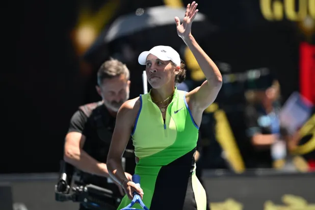 Madison Keys of USA celebrates winning her match against Oleksandra Oliynykova of Ukraine in their Women's Singles first round match on day 3 of the Australian Open tennis tournament at KIA Arena in Melbourne, Australia, 20 January 2026. (EPA)