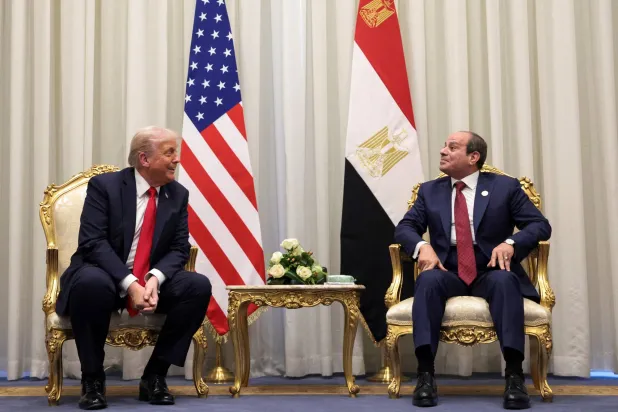 US President Donald Trump and Egyptian President Abdel Fattah al-Sisi meet ahead of a world leaders' summit on ending the Gaza war, amid a US-brokered prisoner-hostage swap and ceasefire deal between Israel and Hamas, in Sharm el-Sheikh, Egypt, October 13, 2025. (Reuters)