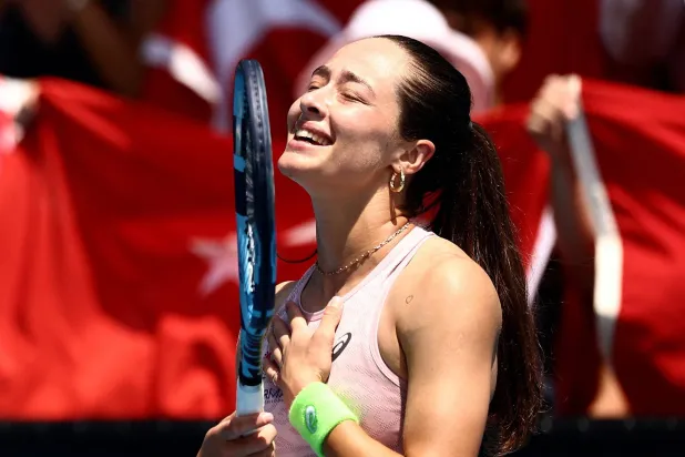 Tennis - Australian Open - Melbourne Park, Melbourne, Australia - January 21, 2026 Türkiye’s Zeynep Sonmez celebrates after winning her second round match against Hungary's Anna Bondar. (Reuters)