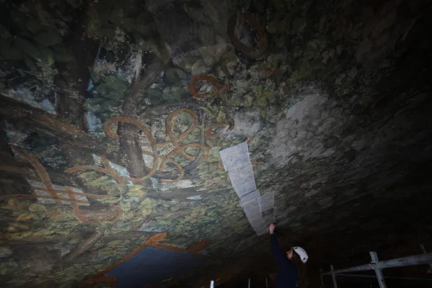Marina Vece works on restoring the Sala delle Asse, part of the newly created Leonardo da Vinci itineraries inside Milan's Sforza Castle, Italy, Tuesday, Jan. 20, 2026. (AP)