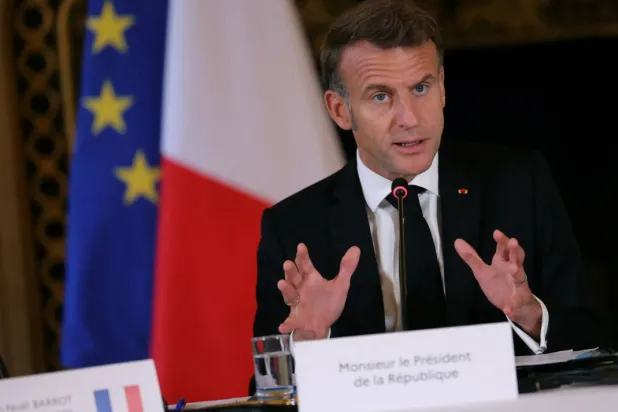 France's President Emmanuel Macron speaks during a ministerial meeting on the implementation of the Middle East peace plan at the Quai d'Orsay, in Paris, France October 9, 2025. Thomas Samson/Pool via REUTERS
