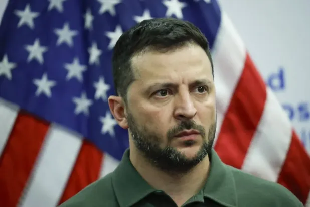 Ukrainian President Volodymyr Zelenskyy speaks to wounded Ukrainian soldiers during a visit at Staten Island University Hospital, in New York, Monday, Sept. 18, 2023. (AP)
