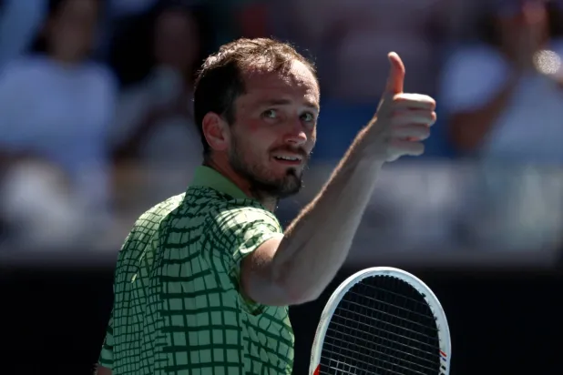 Tennis - Australian Open - Melbourne Park, Melbourne, Australia - January 23, 2026 Russia's Daniil Medvedev celebrates after winning his third round match against Hungary's Fabian Marozsan. (Reuters)