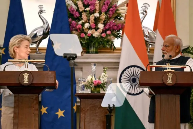 European Commission head Ursula von der Leyen and Indian Prime Minister Narendra Modi met in February 2025 in New Delhi as the two economic behemoths sought to forge closer ties. Money SHARMA / AFP
