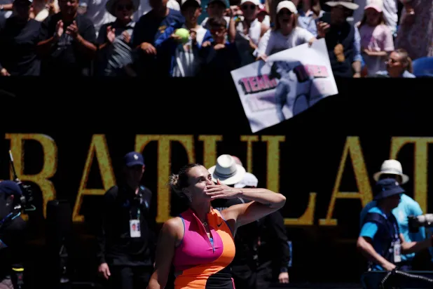  Tennis - Australian Open - Melbourne Park, Melbourne, Australia - January 25, 2026 Belarus' Aryna Sabalenka celebrates after winning her fourth round match against Canada's Victoria Mboko. (Reuters)
