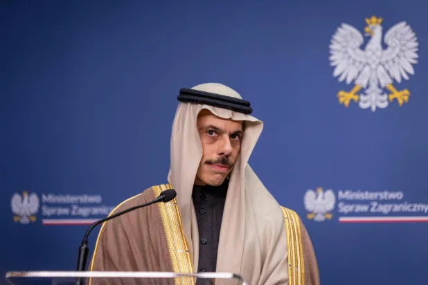 Saudi Foreign Minister Prince Faisal bin Farhan bin Abduallah and Poland's Foreign Affairs Minister (not in picture) give a joint press conference after their meeting at the Foreign Office in Warsaw, January 26, 2026. (AFP) 