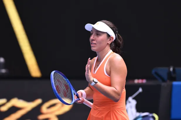 Jessica Pegula of the USA celebrates match point during the women’s quarter-finals against Amanda Anisimova of the USA on day 11 of the 2026 Australian Open tennis tournament at Melbourne Park in Melbourne, Australia, 28 January 2026. (EPA)