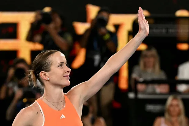 Ukraine's Elina Svitolina celebrates after winning against USA's Coco Gauff during their women's singles quarter-final match on day ten of the Australian Open tennis tournament in Melbourne on January 27, 2026. (AFP)