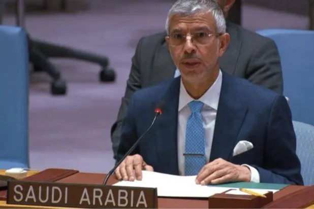 الدكتور عبد العزيز الواصل خلال إلقائه الكلمة أمام جلسة مجلس الأمن في نيويورك الخميس (بعثة السعودية لدى الأمم المتحدة)